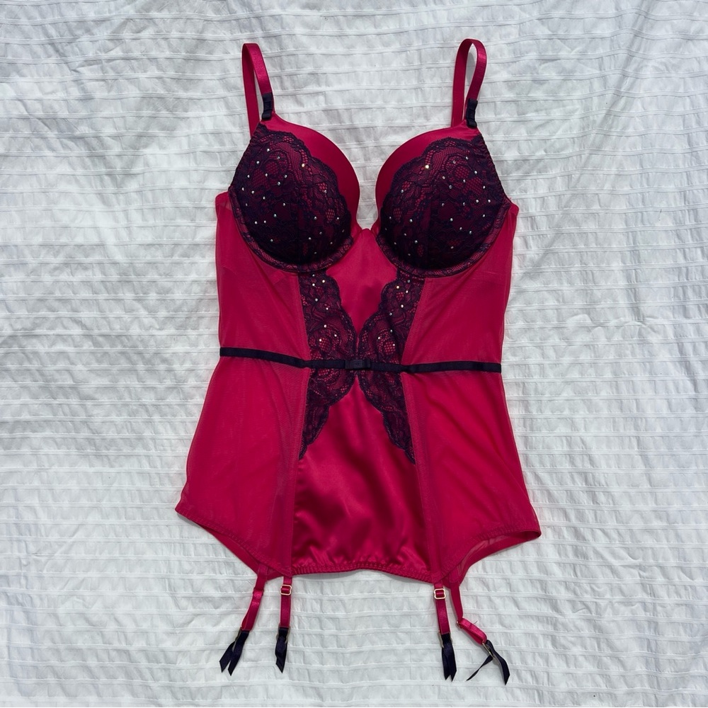NWT Adore Me Push Up Bustier Corset In Pink and Purple Rhinestones, L